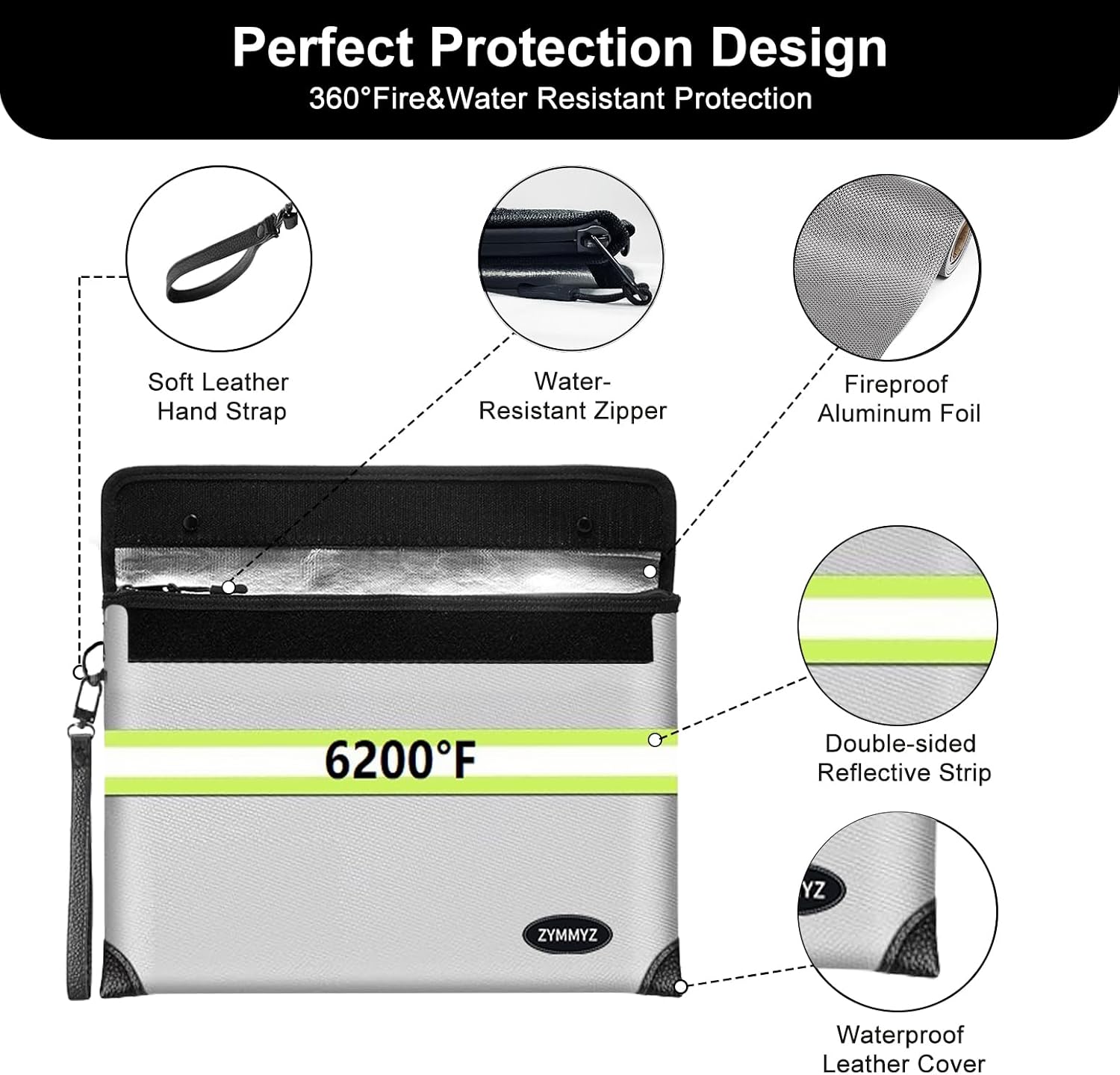 6200°F Upgraded Fireproof Document Bag with Waterproof Zipper,9 Layers of Heat Insulated Materials,Fireproof Money Bag for Cash,Valuables and Important Documents（Not Suitable for A4 Files）