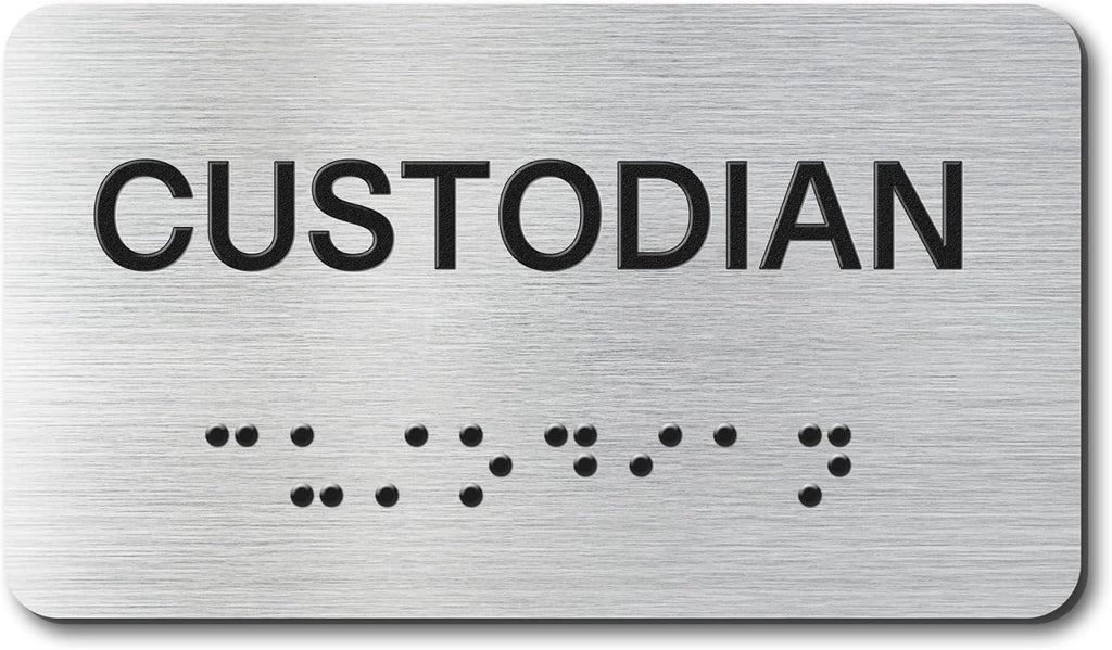 Custodian Signs with Raised Text & Grade 2 Braille, Brushed Aluminum/Silver Finish Easy Install with Double-Sided Tape, ADA Compliant Custodian Door Sign for Businesses & Offices