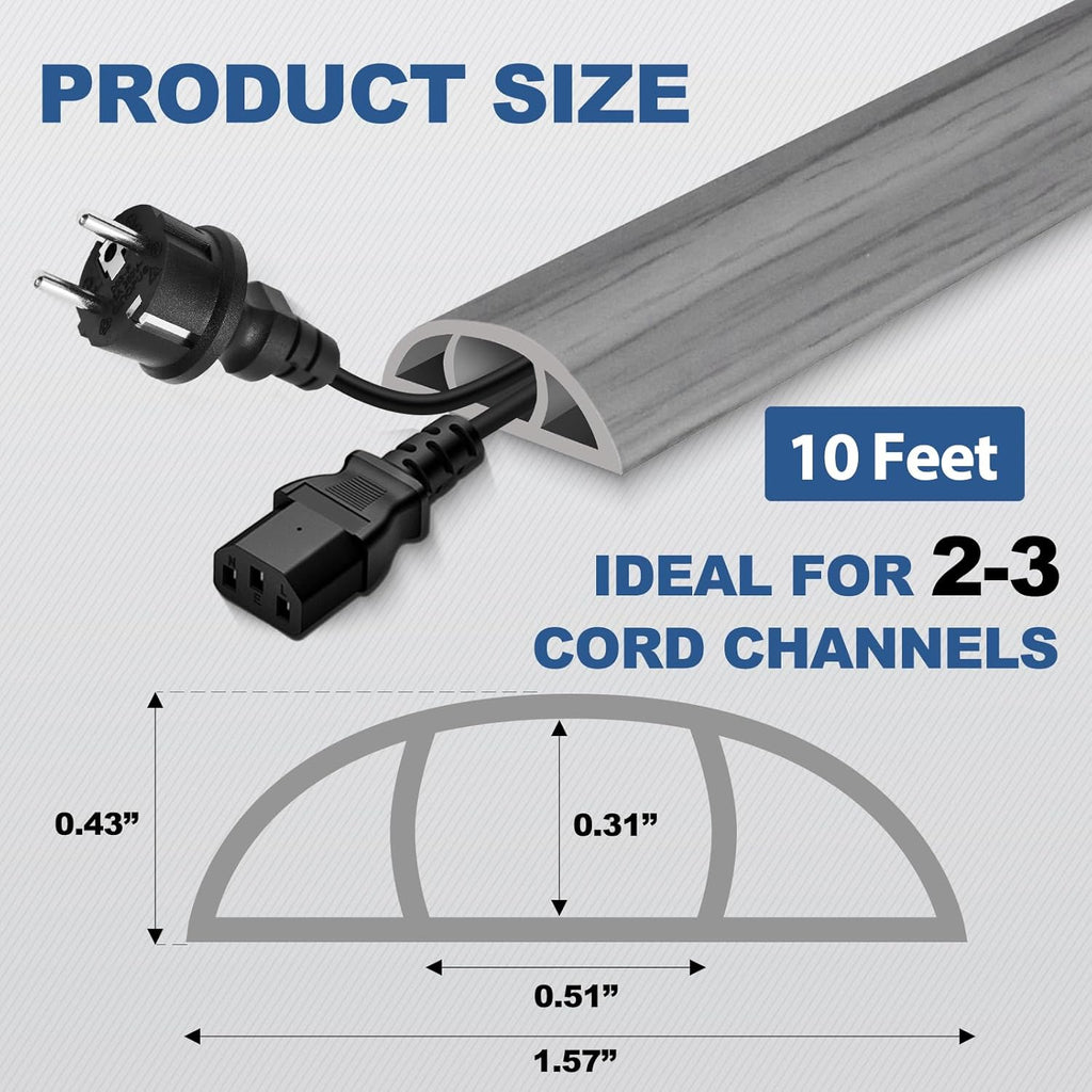 Floor Cord Cover for Wires on Floor Self Adhesive Cord Hider Floor Cable Management Wire Covers for Cords Protector Prevent Cable Trips Cord Cavity W 0.51" x H 0.31", Gray Wood, 10Ft