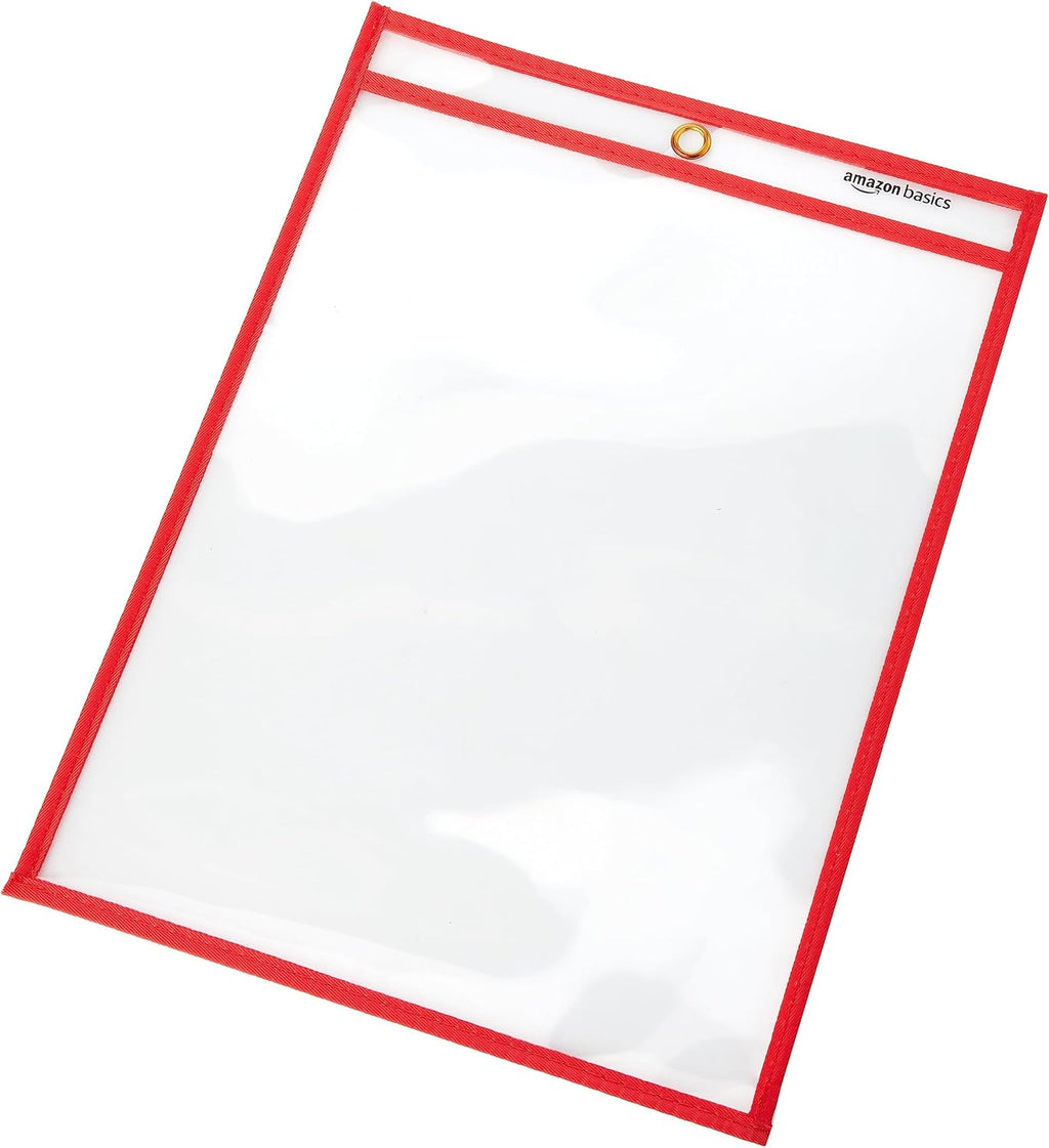 Amazon Basics Heavy Duty Dry Erase Ticket Holder Pockets with Clear Plastic Film and Multicolored Fabric Edge, 8.5" X 11", Pack of 25