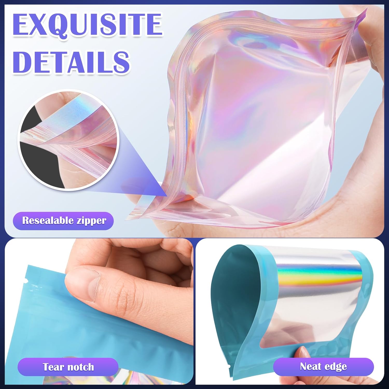 100 Pcs Mylar Bags, Smell Proof Bags Foil Pouch, Holographic Resealable Bags for Small Business, Candy Sample Jewelry Bag Sealable Packaging for Party Favor Food Storage (3x5in-Blue)