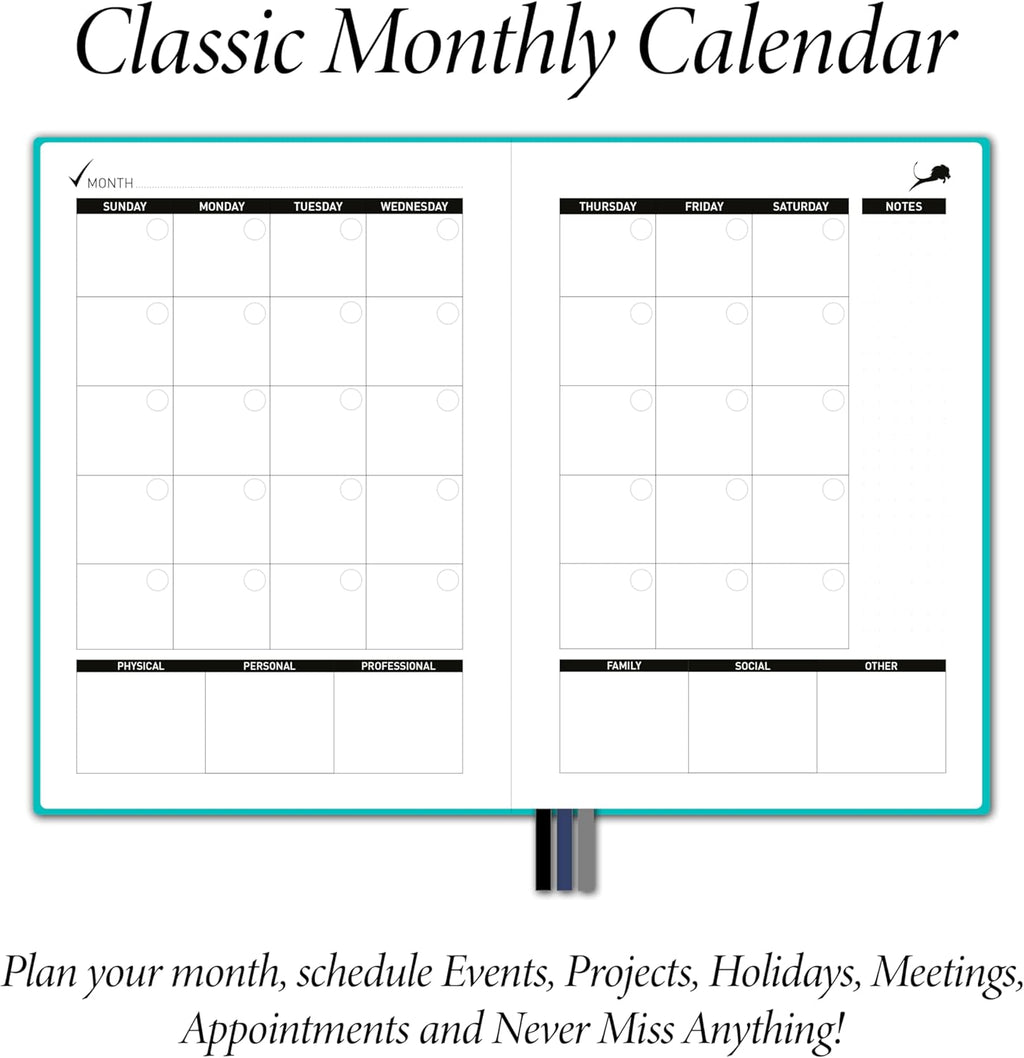 Daily Planner, Calendar and Gratitude Journal to Improve Time-Management, Productivity & Happiness | Vegan Leather Hardcover Organizer with Blank Dates, Undated 6 Months 24 Hour Agenda