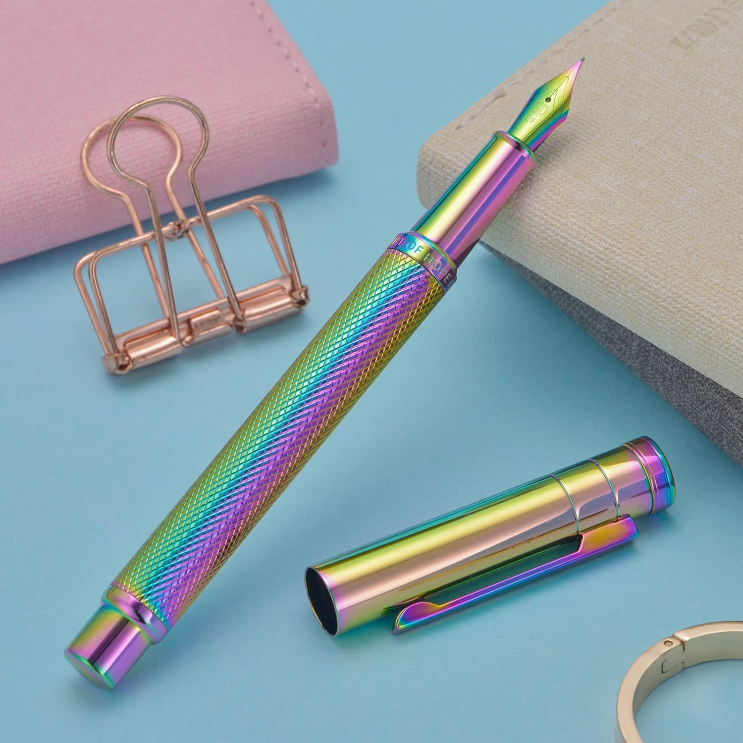 Asvine Hongdian Forest Fountain Pen Extra Fine Nib Rainbow Color with Converter and Metal Pen Box Set