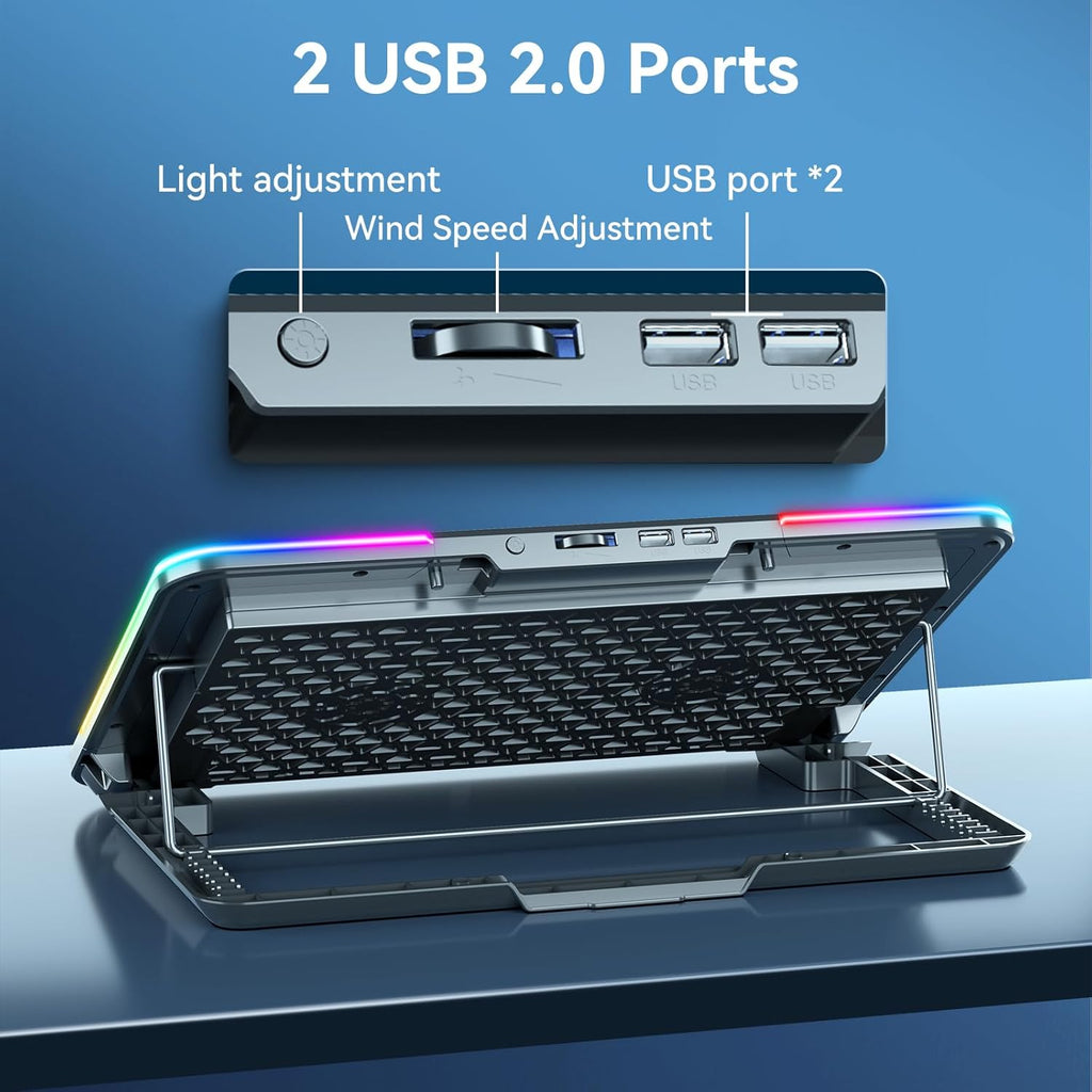 RGB Gaming Laptop Cooling Pad with Metal Panel, 2 Ultra Quiet Big Fans, 10 Lighting Modes, Phone Stand & 7 Height Adjustable Ergonomic Cooler for 10-15.6 Inch Laptops
