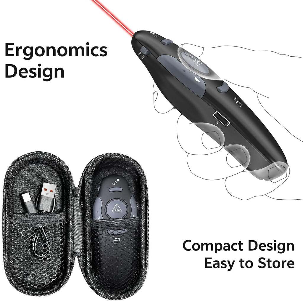Presentation Clicker with Case Storage: PowerPoint Wireless Presenter Remote USB Type C Rechargeable Red Laser Pointer Clickers for Computer Project Mac PPT Slideshow Google Slide Advancer