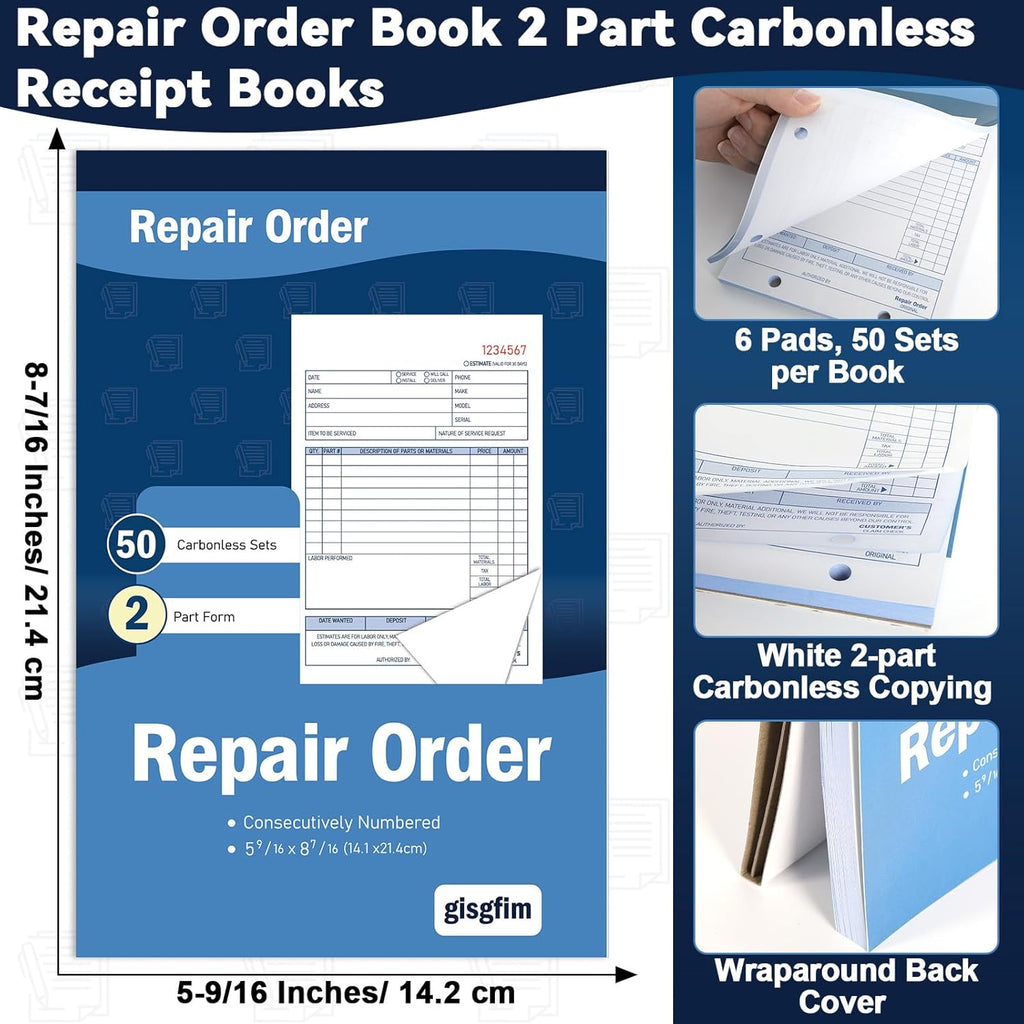gisgfim 6 Pad Repair Order Book 2 Part Carbonless Receipt Books Consecutively Numbered with Claim Check Stub Invoice Receipts Book Work Order Form Receipt Book Orders for Small Business 50 Set per Pad