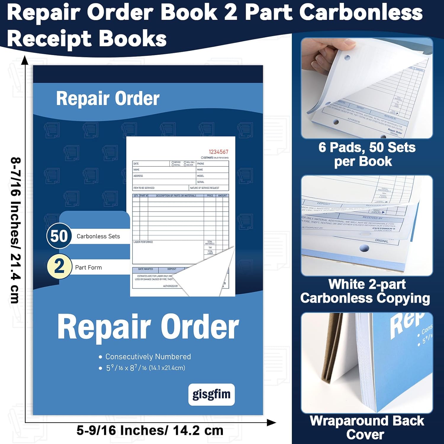 gisgfim 6 Pad Repair Order Book 2 Part Carbonless Receipt Books Consecutively Numbered with Claim Check Stub Invoice Receipts Book Work Order Form Receipt Book Orders for Small Business 50 Set per Pad