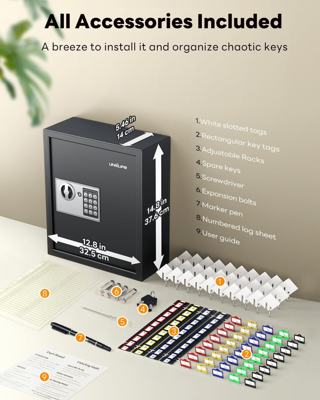 Uniclife 70 Position Key Cabinet with Combination & Key Lock Wall Mounted Security Keys Safe Key Organizer Resettable Black Digital with Keypad Lock Adjustable Racks Colorful Key Tags & Permanent Pen