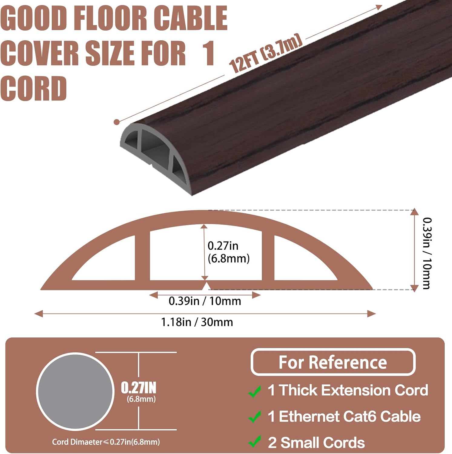 Floor Cord Covers for Wires 12FT Cable Hider Wire Cover Self Adhesive Cord Hider Floor for Offices, Homes, Workshops, Warehouses Cable Cavity 0.39" W x 0.27" H