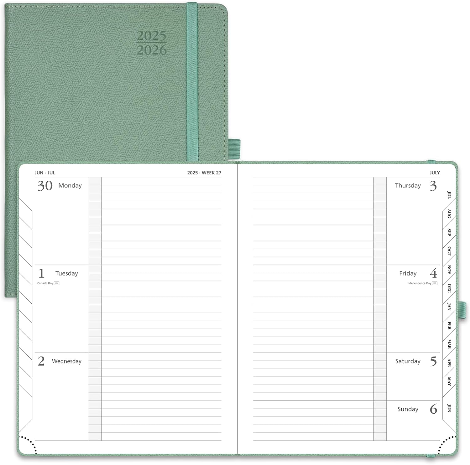 POPRUN Planner 2025-2026 (Medium 6.75''x 8.75''), Horizontal Weekly Notebook Jul.2025 - Jun.2026, Academic Appointment Book with Monthly Tabs, Leather Hardcover, Inner Pocket, 100 GSM - Midnight Green