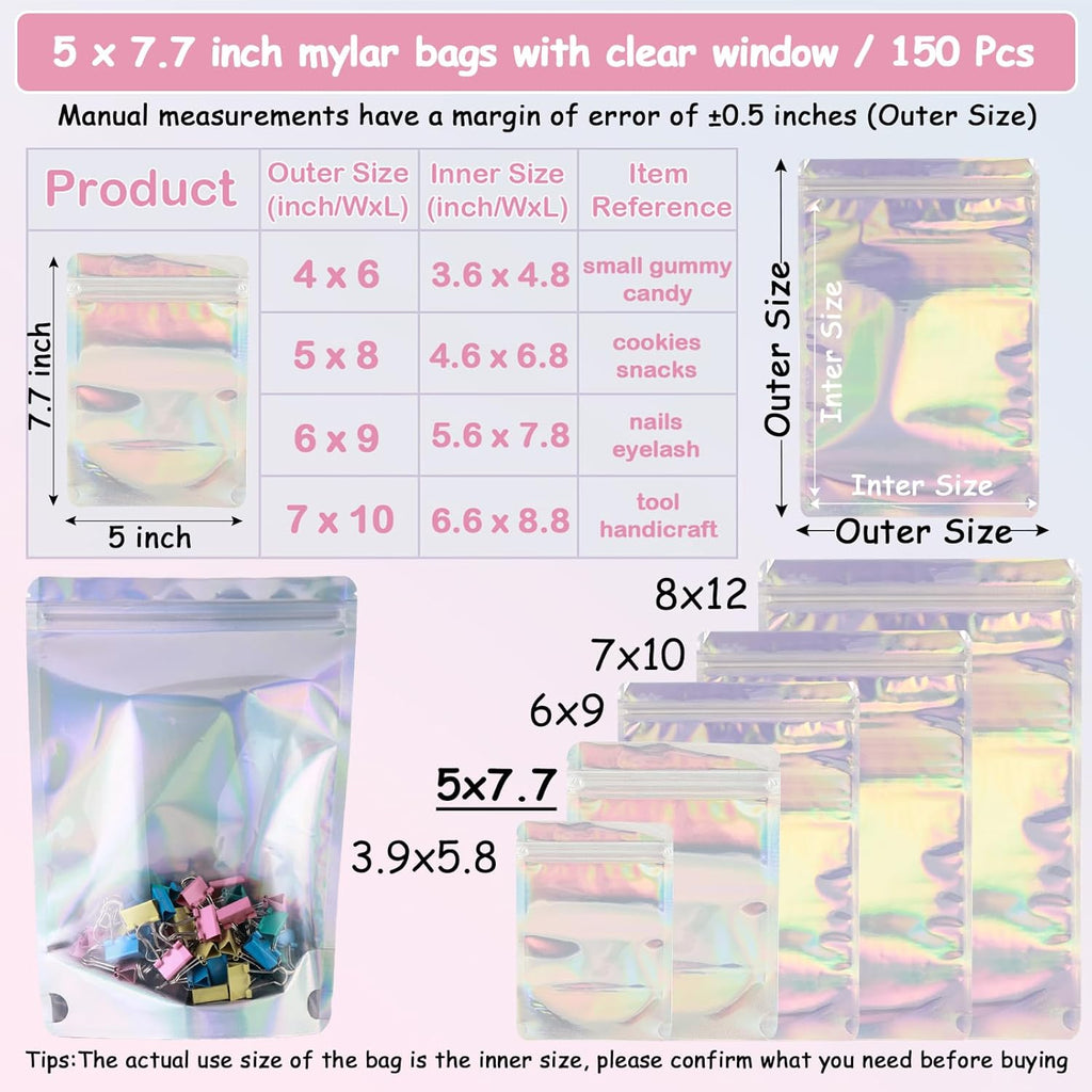 150 Pcs Mylar Bags for Food Storage, 5x8 Mylar Bag with Window Stand Up, Small Holographic Resealable Bags Smell Proof Bag Food Packaging for Small Business Freeze Dried Candy Jewelry Foil Packaging