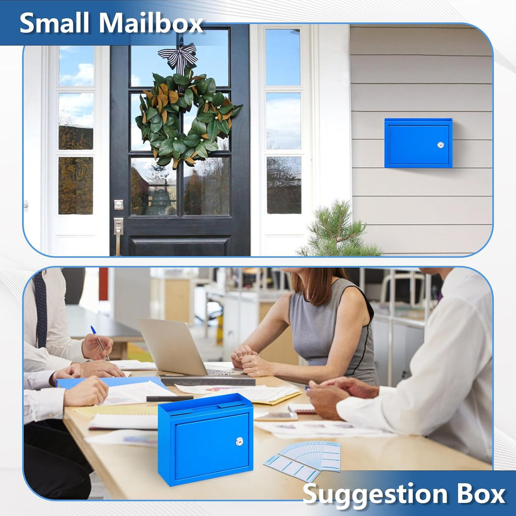 Kyodoled Suggestion Box,Locking Mailbox, Key Drop Box, Wall Mounted Mail Box,Safe Lock Box,Ballot Box,Donation Box 9.8" W x 3" D x 7" H, Blue