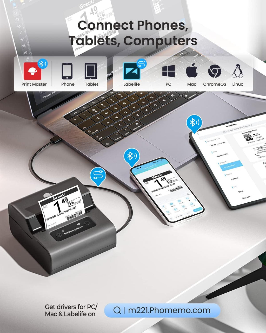 Phomemo M221 Label Maker, New Upgraded 3 Inch Bluetooth Thermal, Easier & More Stable, for Product, Address, Barcode, Small Business, Portable Label Printer DIY on Phone/PC, Space Gray,+100 Labels