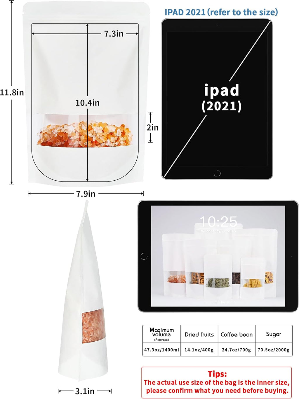 100 Pcs WhitePaper Bags with Window, 7.9" x 11.8" Stand Up Pouches Bags, Zipper Food Storage Bags for Packaging Products, Reusable, Sealable