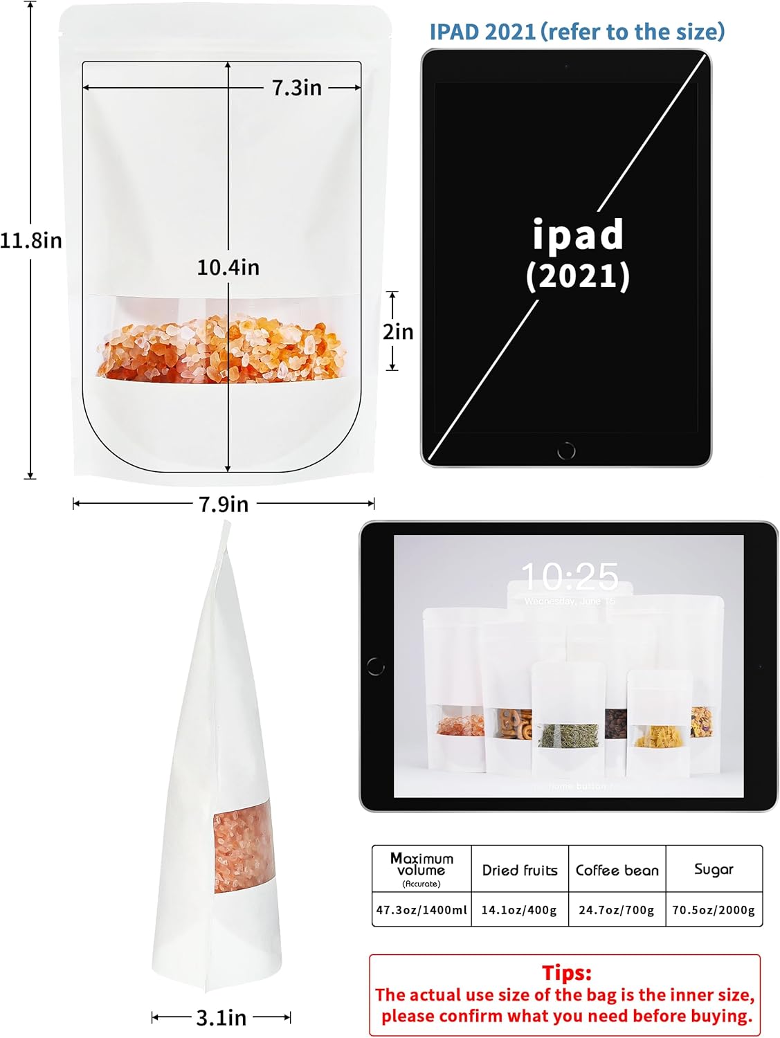 100 Pcs WhitePaper Bags with Window, 7.9" x 11.8" Stand Up Pouches Bags, Zipper Food Storage Bags for Packaging Products, Reusable, Sealable