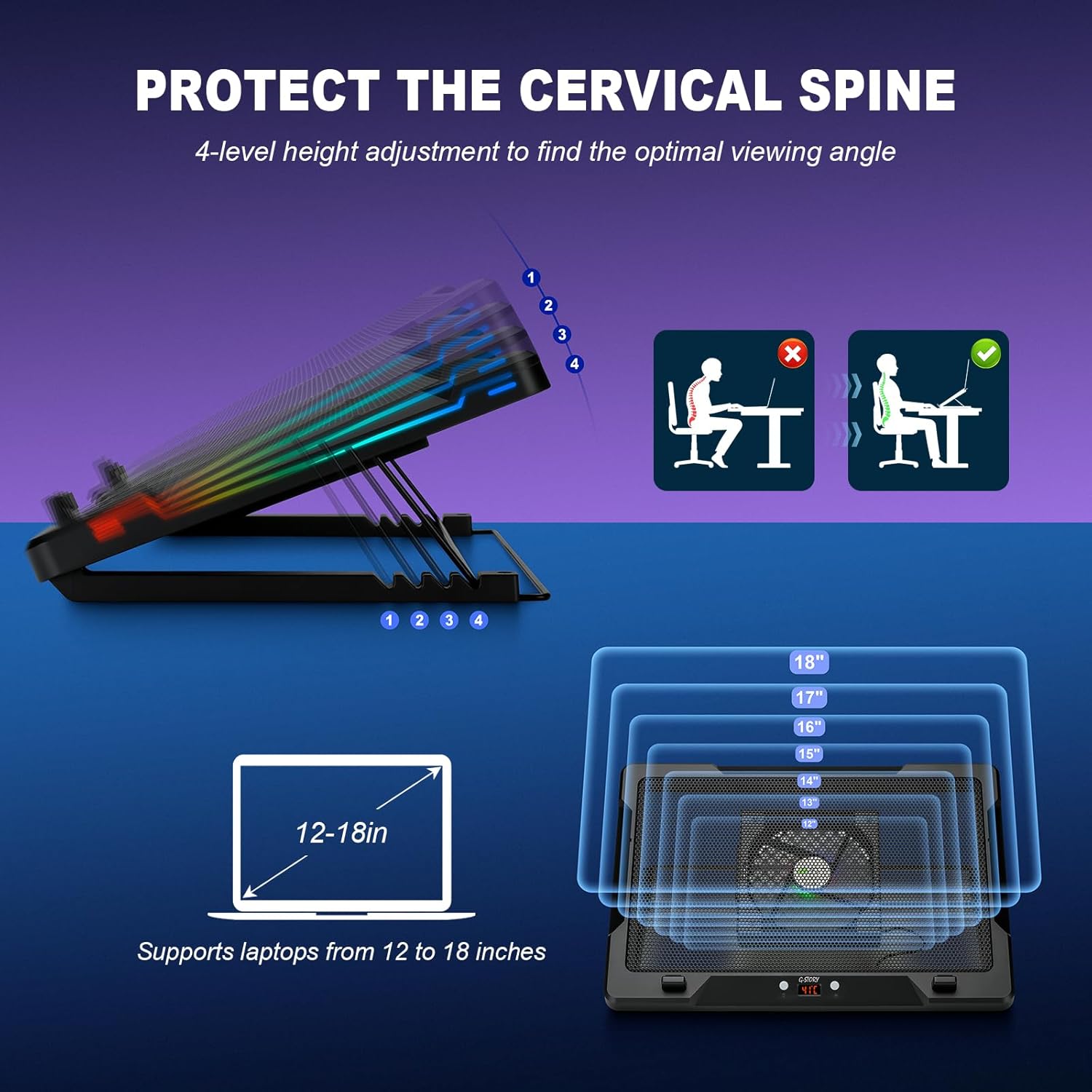 G-STORY Gaming Laptop Cooling Pad with Movable Fan and Automatic Speed Adjustable by Temperature,Music Sync RGB Light,Low Noise Laptop Cooler 3 Speed 1500/1750/2000RPM(140MM) Stand 12–18" Notebook