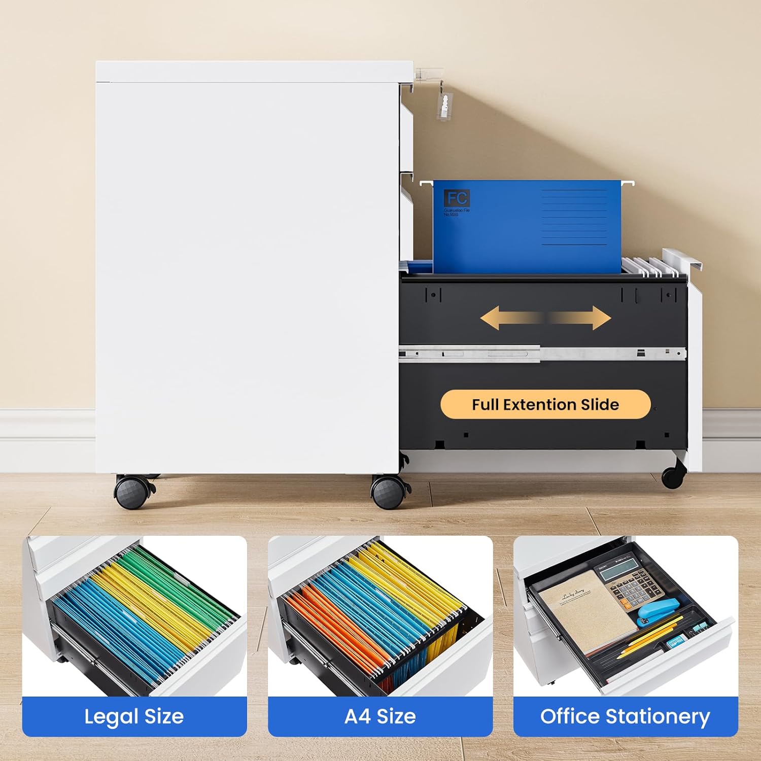 MIIIKO White Filing Cabinet 3 Drawers on Wheels Under Desk, Metal Rolling File Cabinet with Lock for Home Office, Small Mobile File Cabinet for Letter Legal File Folders, Un-Assembled