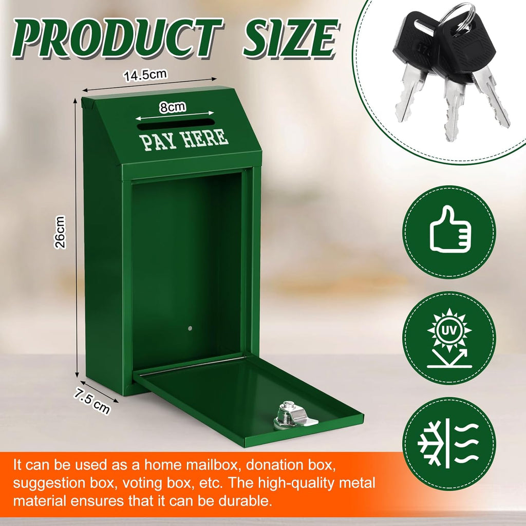 Metal Donation Box Collection Safe Suggestion Box with Lock Wall Mounted Mailbox Delivery Ballot Case Key Drop Case for Home Office Outdoor Door (Green, 10.24 x 5.71 x 2.95 Inch)