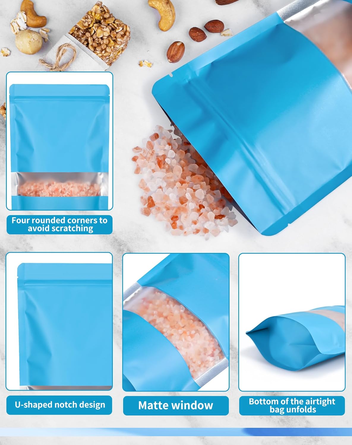 FireKylin 100 Pack Smell Proof Bags, Resealable Bags with Matte Window, Foil Pouch Stand Up Sealable Bags for Packaging（Blue,3.5" x 5.1"）