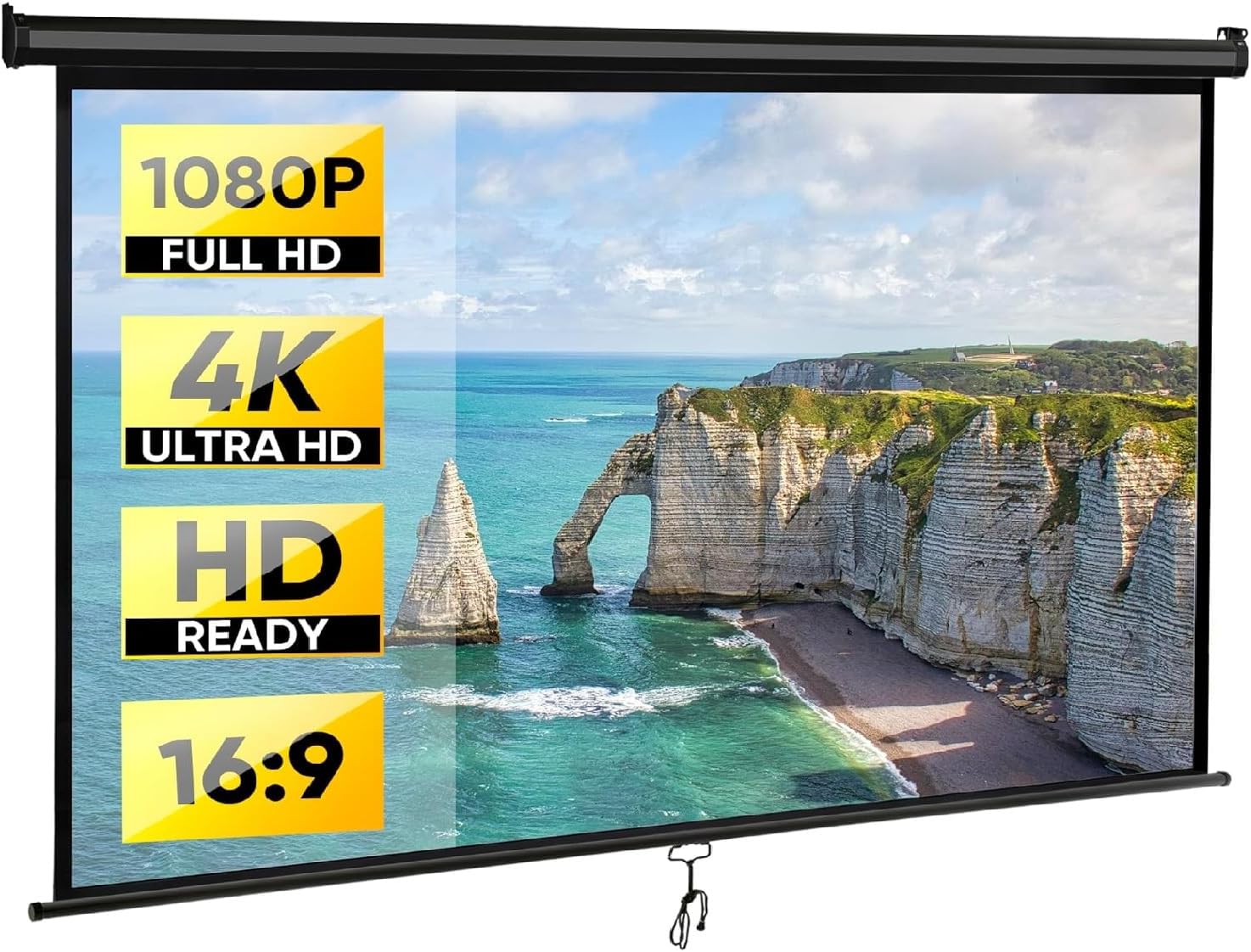 ZENY Outdoor Projector Screen Pull Down 80 Inch 16:9 HD Projection Screen, Roll Down Ceiling Projector Screen, Portable Indoor Outdoor Movie Screen