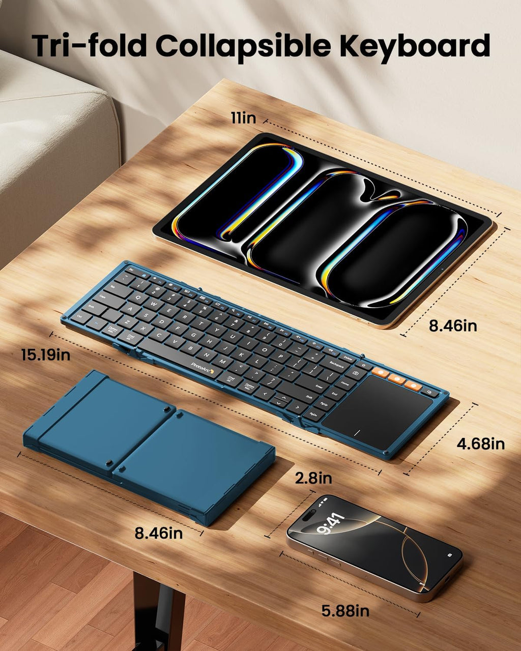 ProtoArc Foldable Keyboard with Touchpad, XK01 TP Folding Portable Keyboard, Full Size Keys, Large Trackpad Bluetooth Travel Keyboards for Laptop PC Tablet - Blue