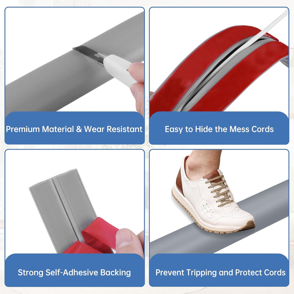Floor Cord Cover Self Adhesive Cord Hider Floor Extension Cord Covers for Floor Power Cord Protector Cable Management Prevent Cable Trips Cable Cavity 0.51" W x 0.31" H (Grey, 20Ft)