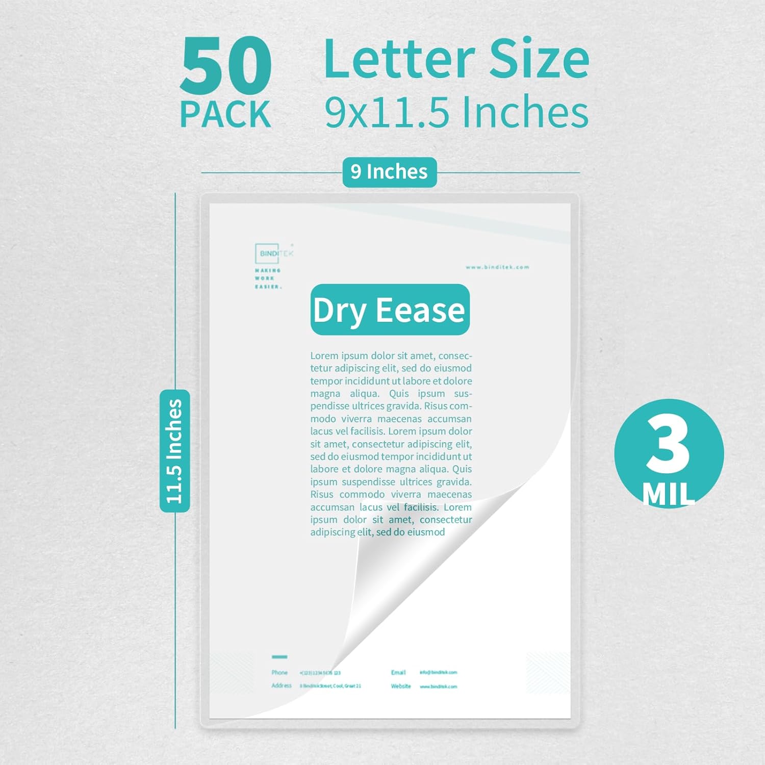 Binditek 50 Pack 3.2 Mil Dry Erase Thermal Laminating Pouches, Dry Erase Compatible, for Letter Size, Heat Seal, Clear Professional Finish, School Office Supplies