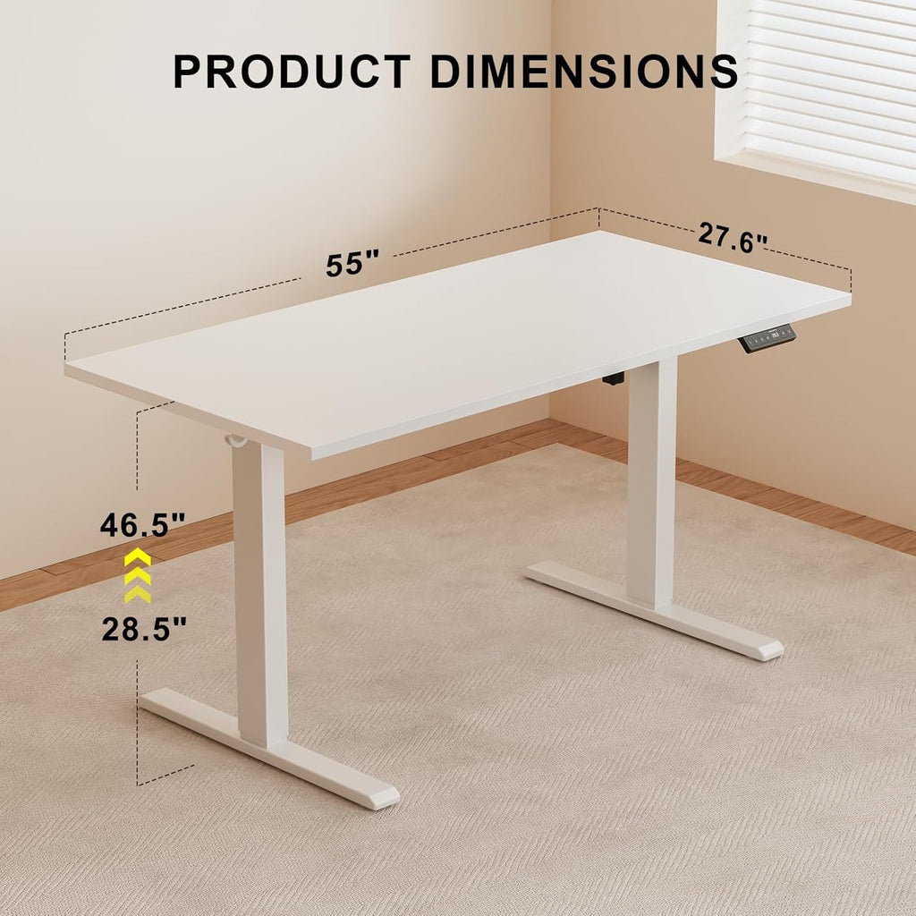 55x28 Inches Whole Piece Electric Standing Desk, Seamless One Piece Height Adjustable Sit to Stand up Desk for Home Office, Ergonomic Computer Workstation, White