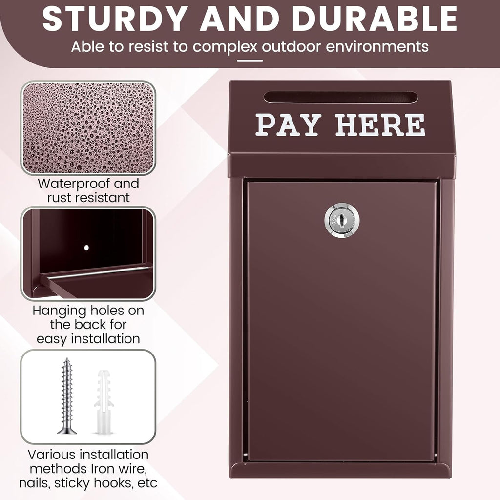 Safe Cash Box Money Collection Metal Donation Box with Lock Wall Mount Pre Drilled Mailbox Delivery Ballot for Home Office Outdoor Self Serve Stand(Brown,10.2 x 5.7 x 2.8 Inch)