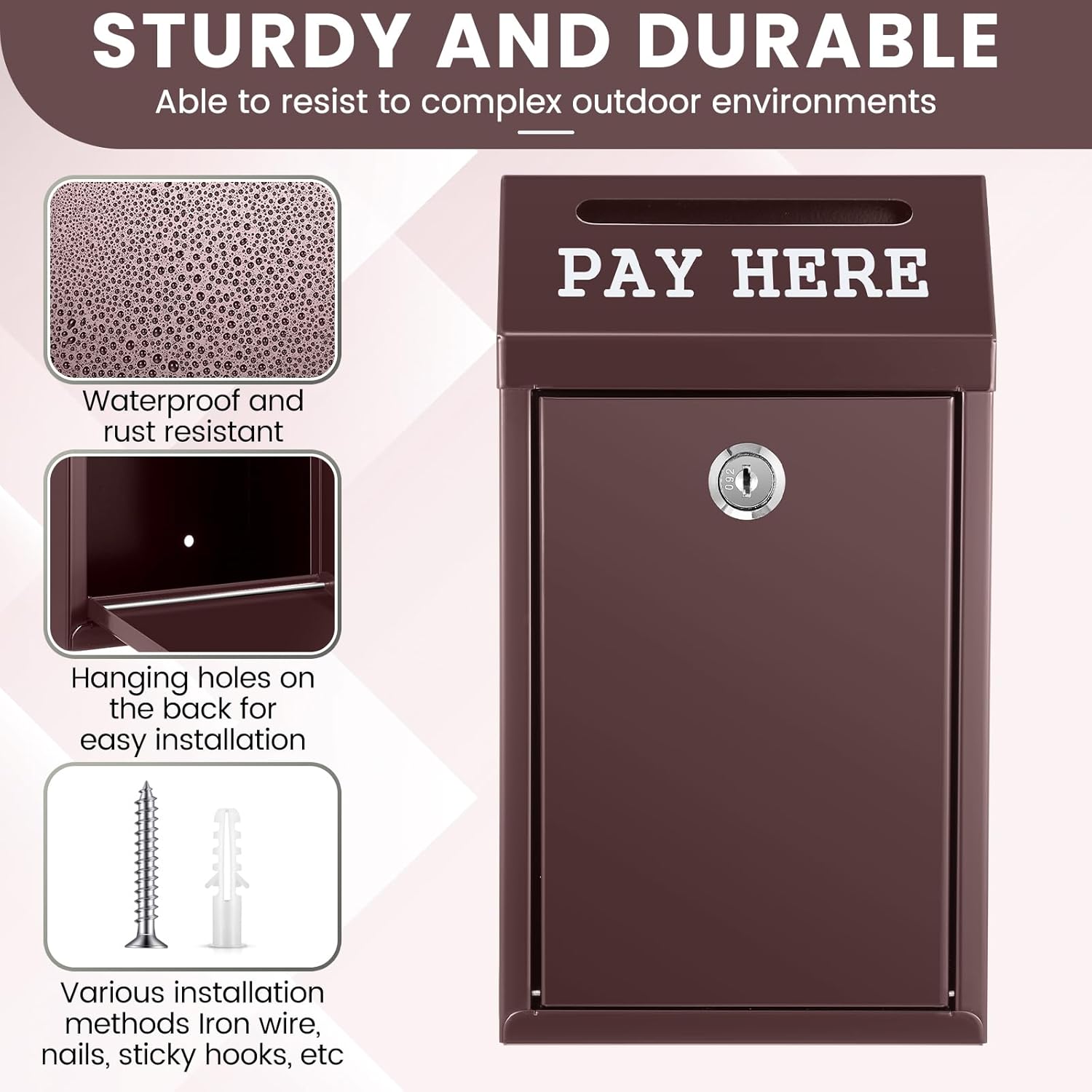 Safe Cash Box Money Collection Metal Donation Box with Lock Wall Mount Pre Drilled Mailbox Delivery Ballot for Home Office Outdoor Self Serve Stand(Brown,10.2 x 5.7 x 2.8 Inch)