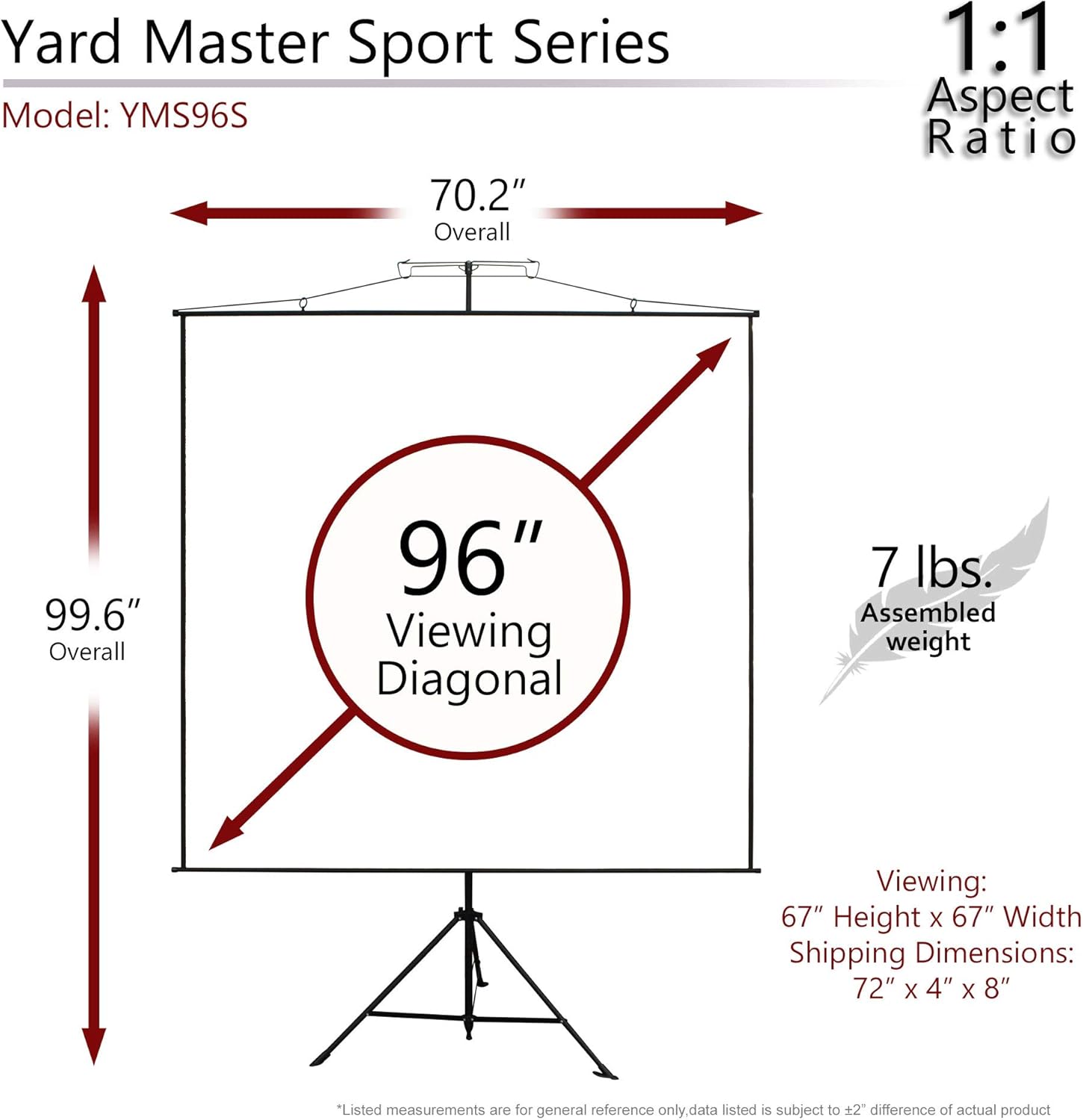 Elite Screens Yard Master Sport 96″ Portable Projector Screen, Dual Tripod/Wall Hanging 2-in-1, 1:1, MaxWhite Gain 1.1, Indoor/Outdoor with Carry Bag