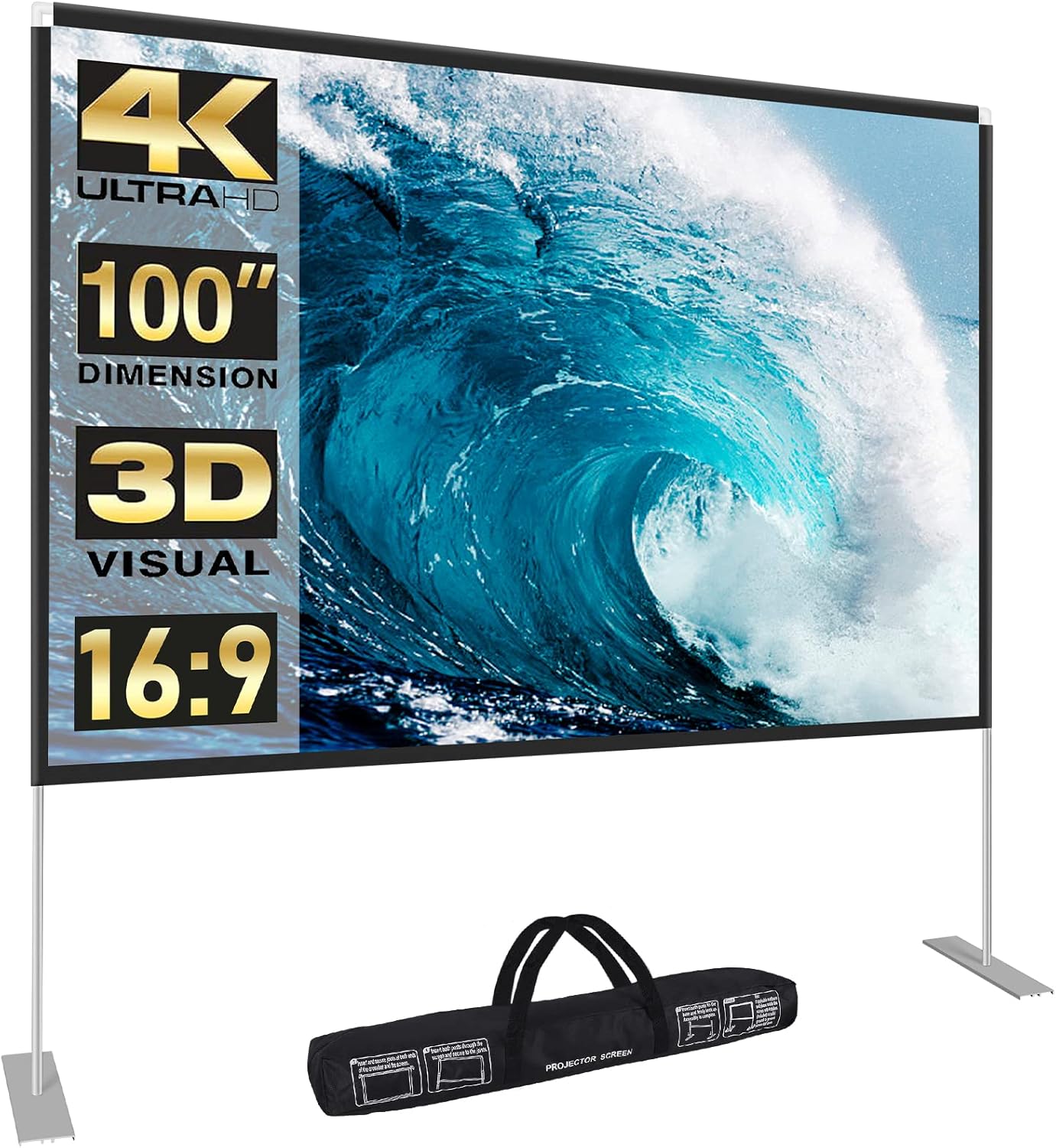 100 inch Projector Screen and Stand,Portable Projector Screen 4K HD Rear Front Projection Screen with Carry Bag for Outdoor Indoor Home Theater Backyard Cinema Travel