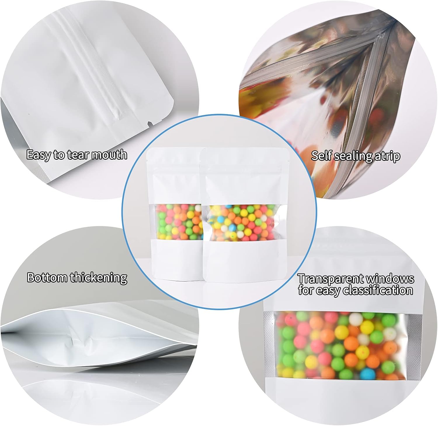 100 Pieces Smell Proof Mylar Food Storage Bags, Resealable with Clear Window, Foil Pouch Stand-up Self Sealing Supplies (White, 3.5 x 5 Inch)