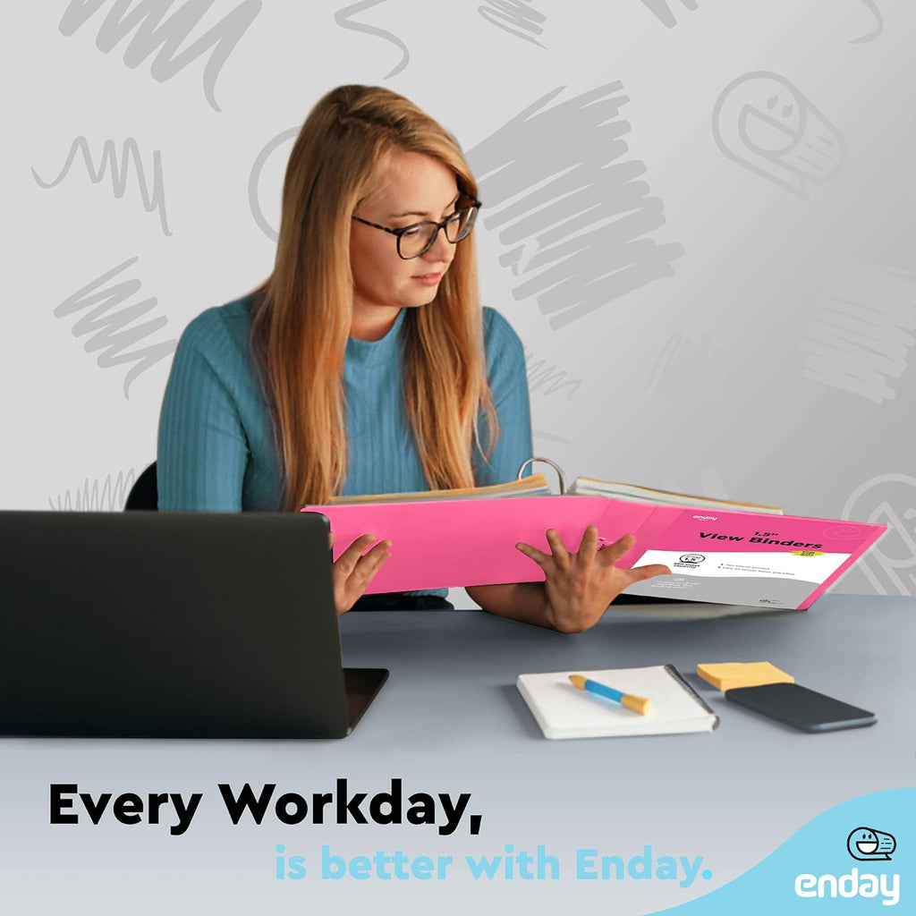 3 Ring Binder Pink, 1.5 Inch Clear View Cover with 2 Inside Pockets Binder, Colored School Supplies 1 ½ Inch Round Ring Binders, Also Available in Red, Blue, Purple, Green, and Grey (6 PC) – by Enday