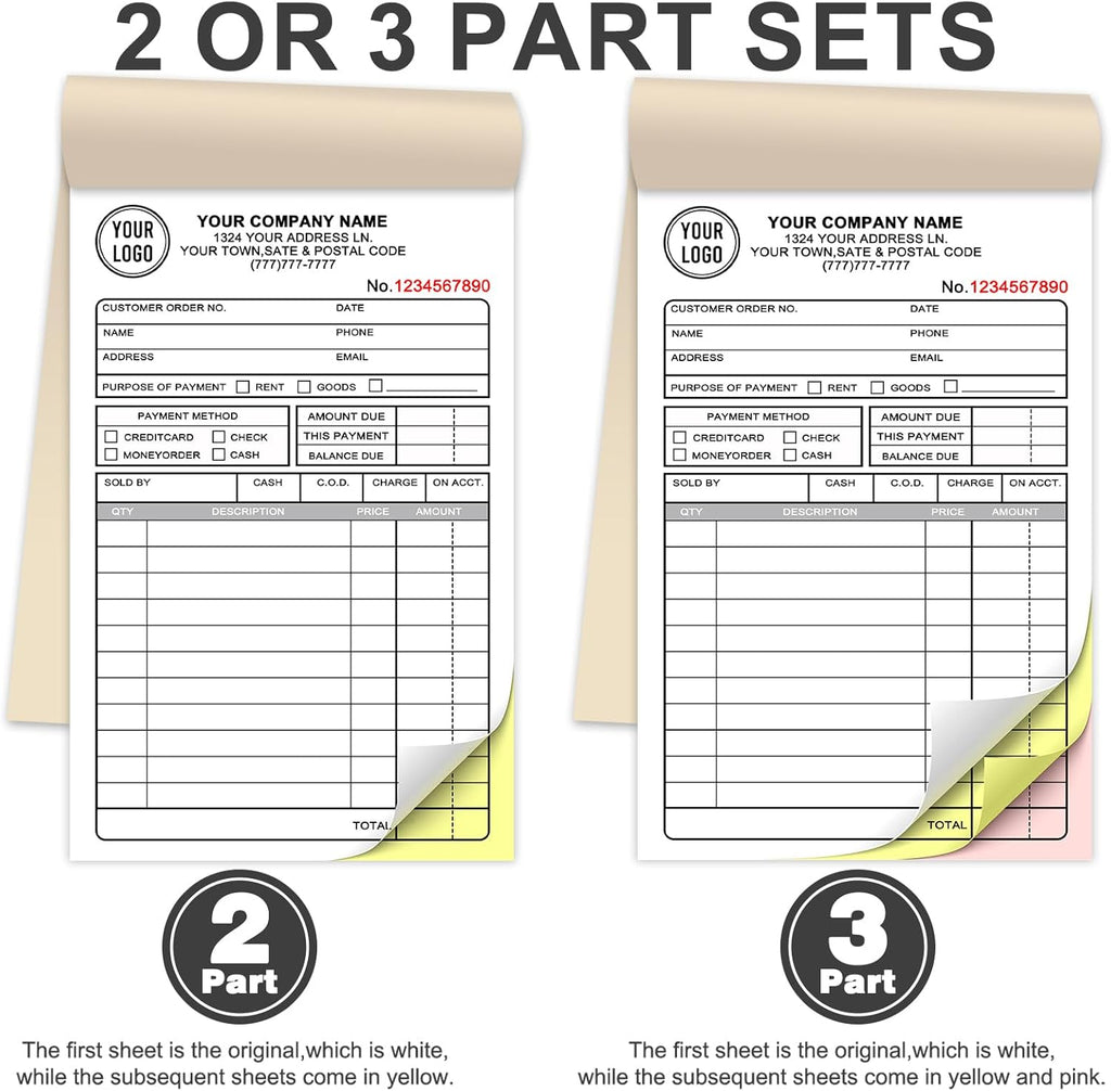Custom Invoice Receipt Book for Small Business 2.83x7" Personalized 3-Part Contractor Duplicate Carbonless Sales Forms with Company Name Address Phone Number 150 Sets