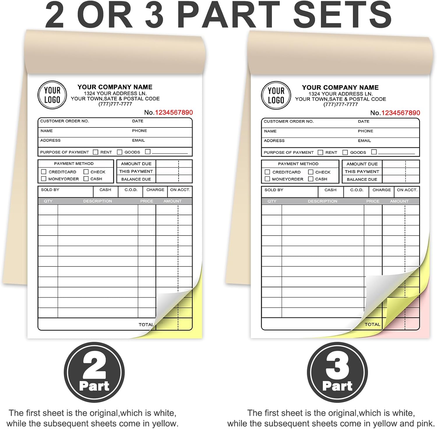 Custom Invoice Receipt Book for Small Business 2.83x7" Personalized 3-Part Contractor Duplicate Carbonless Sales Forms with Company Name Address Phone Number 150 Sets