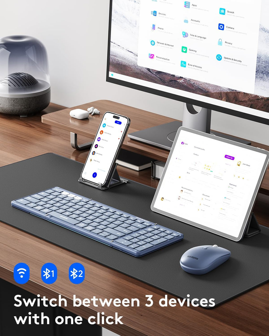 Foldable Keyboard and Mouse, Samsers Folding Bluetooth Keyboard Combo, 2.4G + BT5.0 x 2, Full-Size Portable Travel Keyboard & Rechargeable Wireless Mouse for Windows Android iOS Mac OS, Blue
