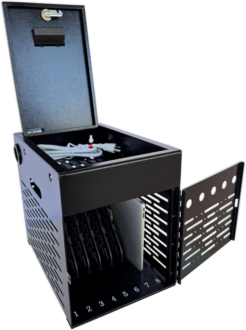 8-Device Tablet Charging Station, Lockable Steel Case Fits 14" Chromebooks, iPads, Laptops & Tablets, Secure Storage with 2 Keys, Ideal for Classrooms, Offices & Hospitals, Black