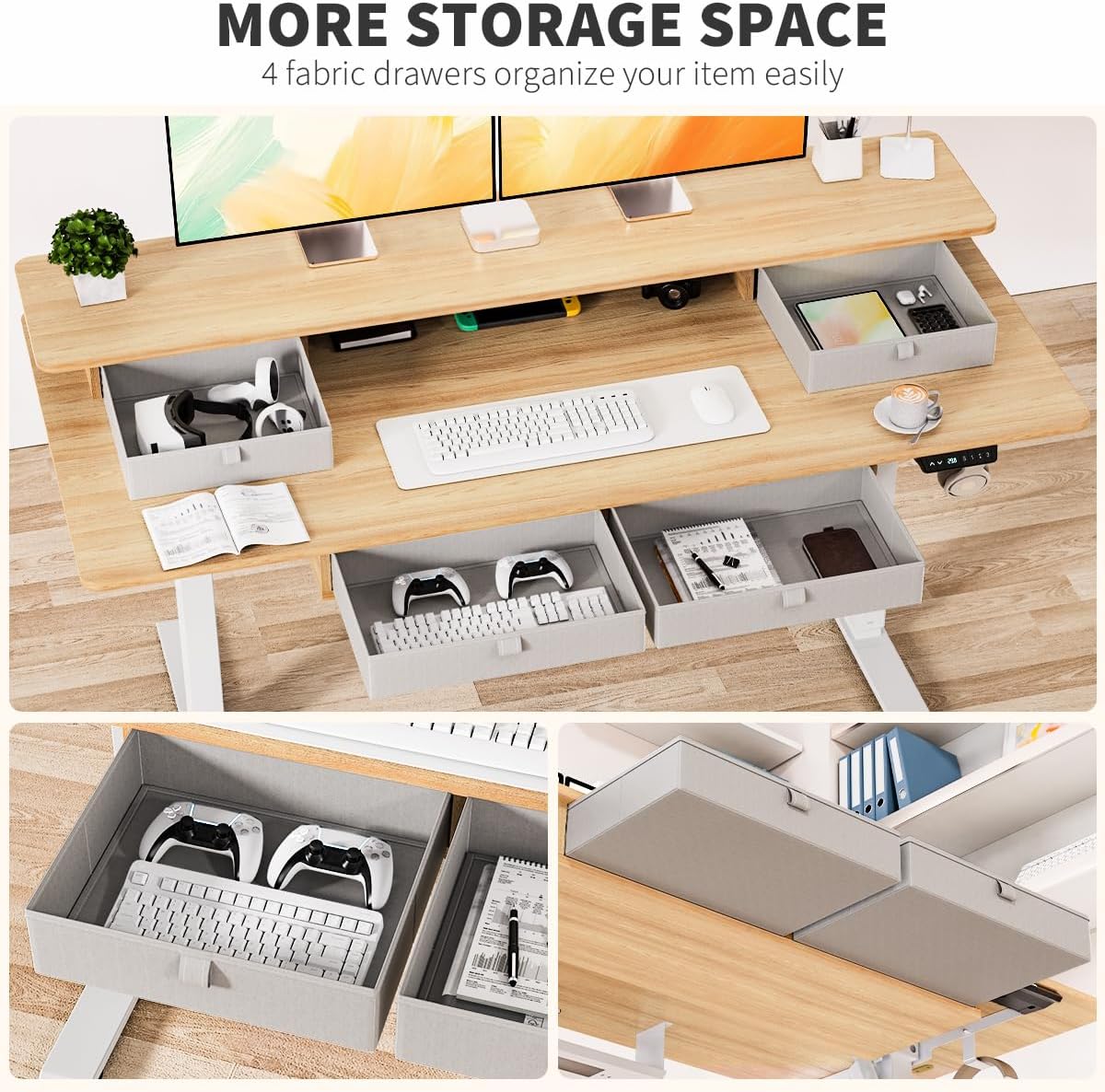 Standing Desk with Fast Charging USB Ports, 48" x 30" Height Adjustable Home Office & Gaming Desk, Sit Stand Desk with Built-in Storage Shelf, Hook & Ergonomic Design(Maple)
