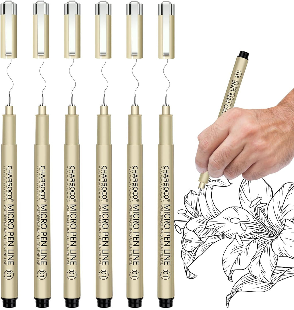 01 Micro Pen, 6 Pack Black Fine Point Pen with Waterproof Archival Ink, 0.25mm Fineliner Ink Pens for Artist Illustration, Sketching, Anime, Manga, Technical Drawing and Scrapbooking