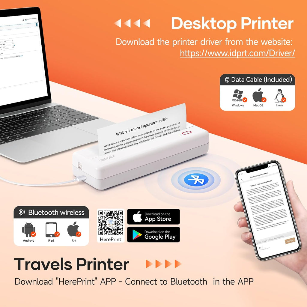 iDPRT MT890 Series Portable Thermal Printer, Suitable for Paper Rolls (White)