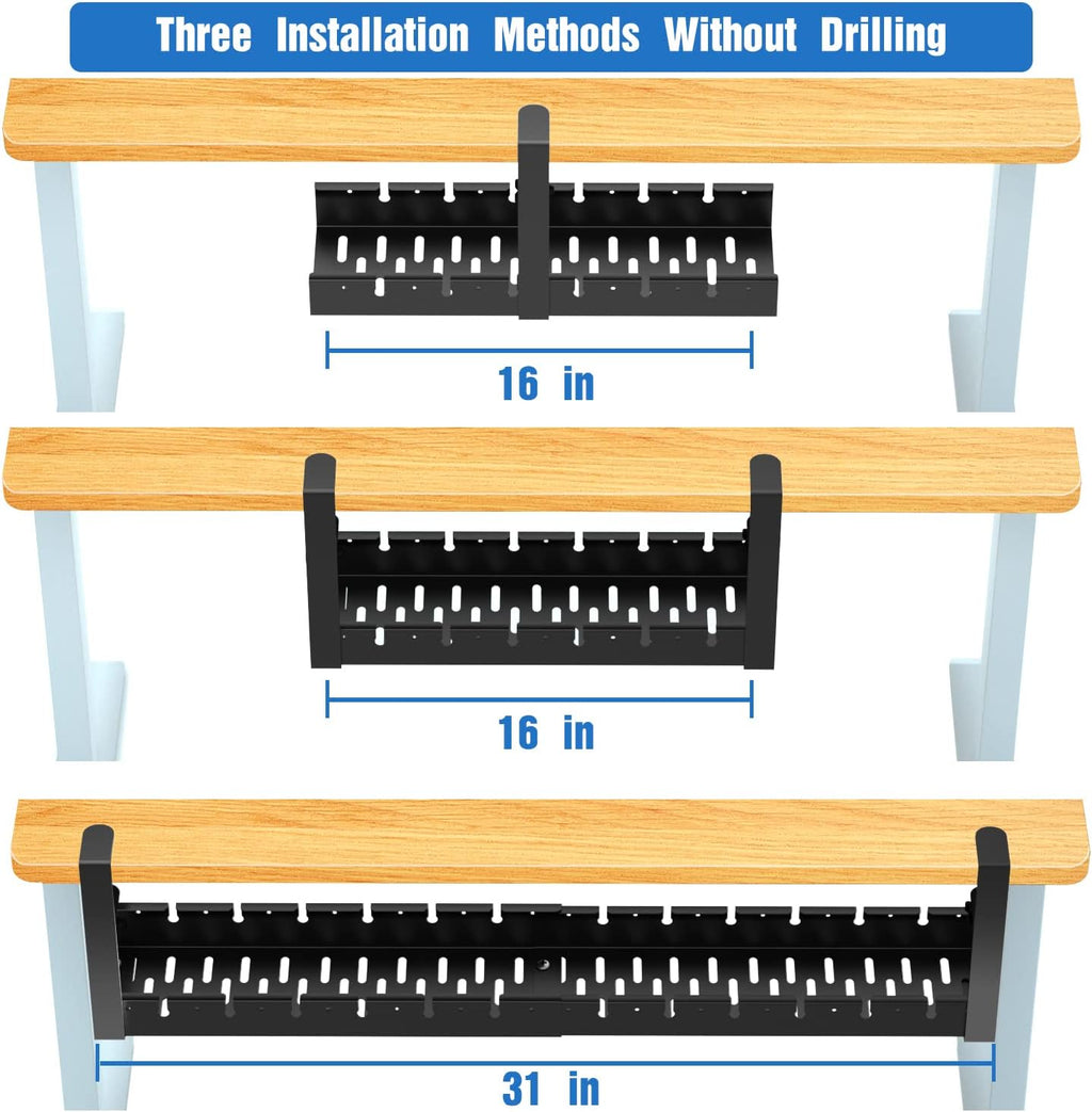 No Drilling Extendable Under Desk Cable Management, Metal Cable Management Tray Under Desk with Clamp, Retractable Power Strip Cord Holder for Wire Management 31Inch (1 Pack Black or white random 31')