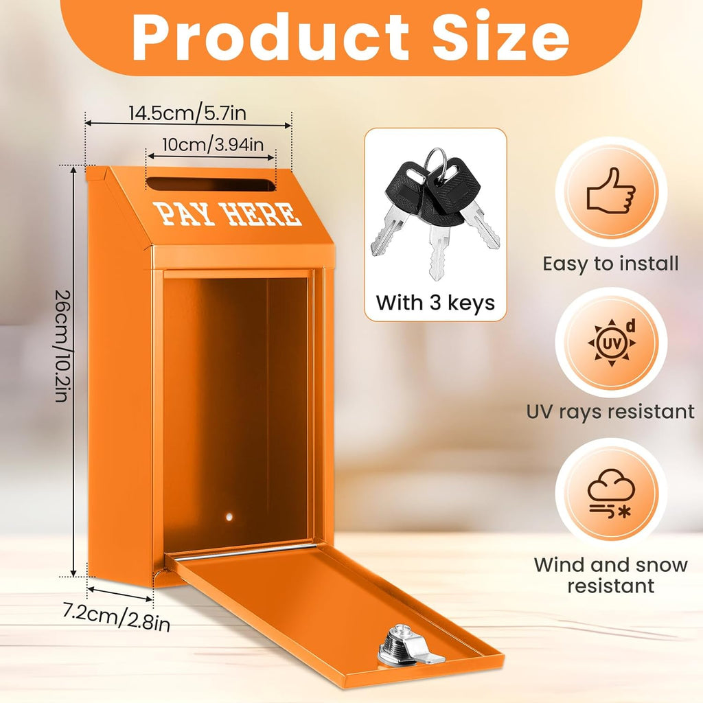 Safe Cash Box Money Collection Metal Donation Box with Lock Wall Mount Pre Drilled Mailbox Delivery Ballot for Home Office Outdoor Self Serve Stand(Orange,10.2 x 5.7 x 2.8 Inch)