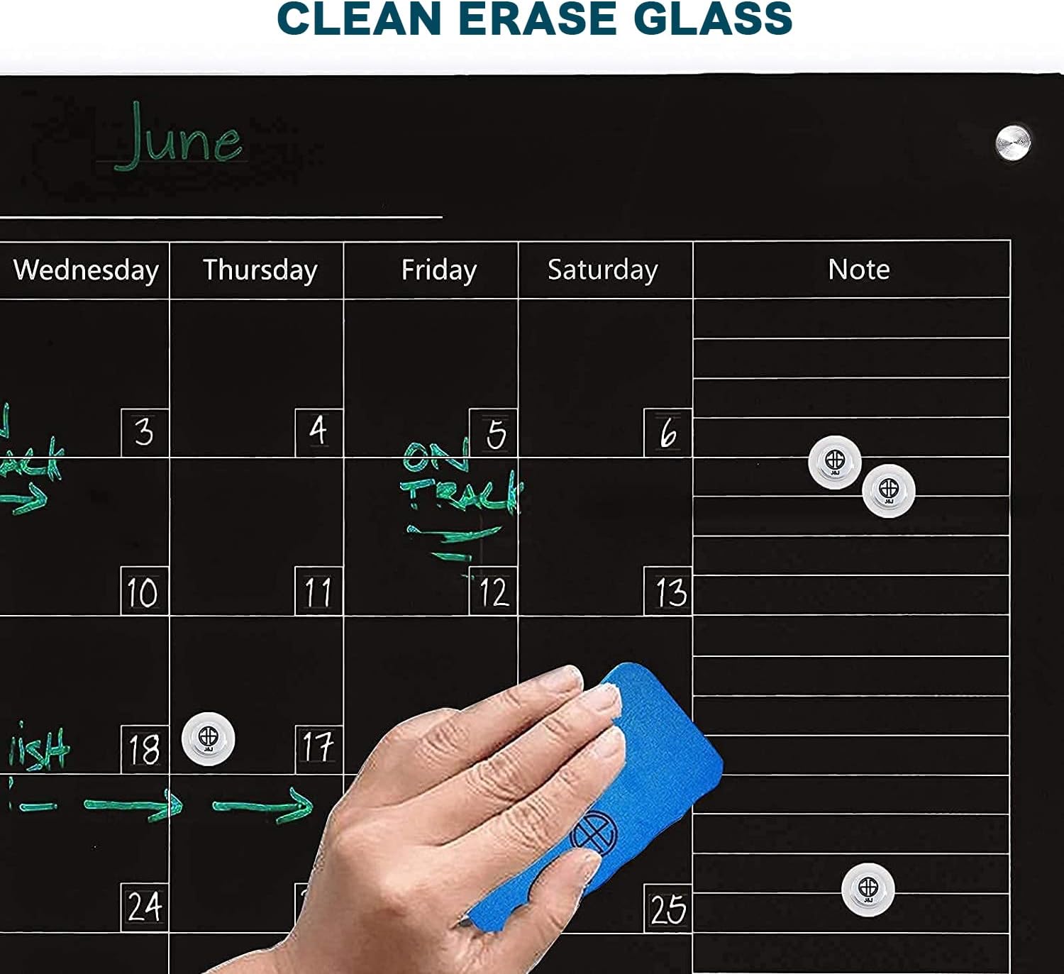 J&J worldwide Magnetic Whiteboard Calendar, 3' x 2' Blsck Glass Wall Calendar Dry Erase Board Monthly Planner for Home, School, Office, Frameless, with Markers, Marker Tray, Eraser, Magnets