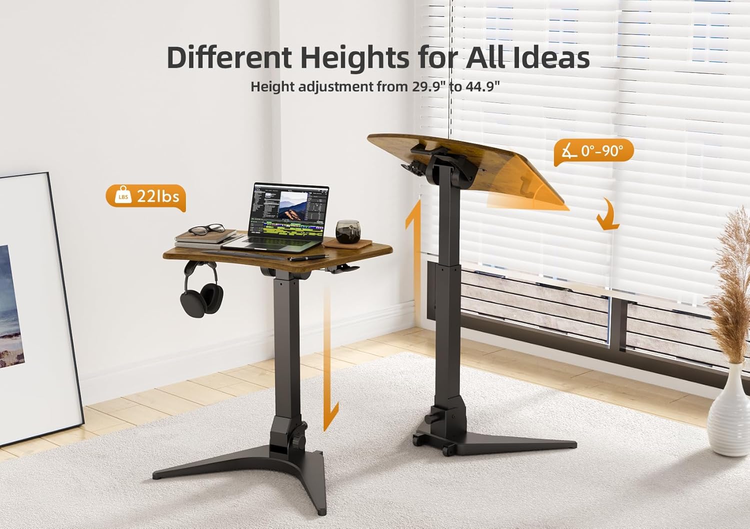 Claiks Mobile Standing Desk, Portable Rolling Sit-Stand Desk with Wheels, Height-Adjustable with 90 Tiltable Top, Foldable Computer Stand, Rustic Brown