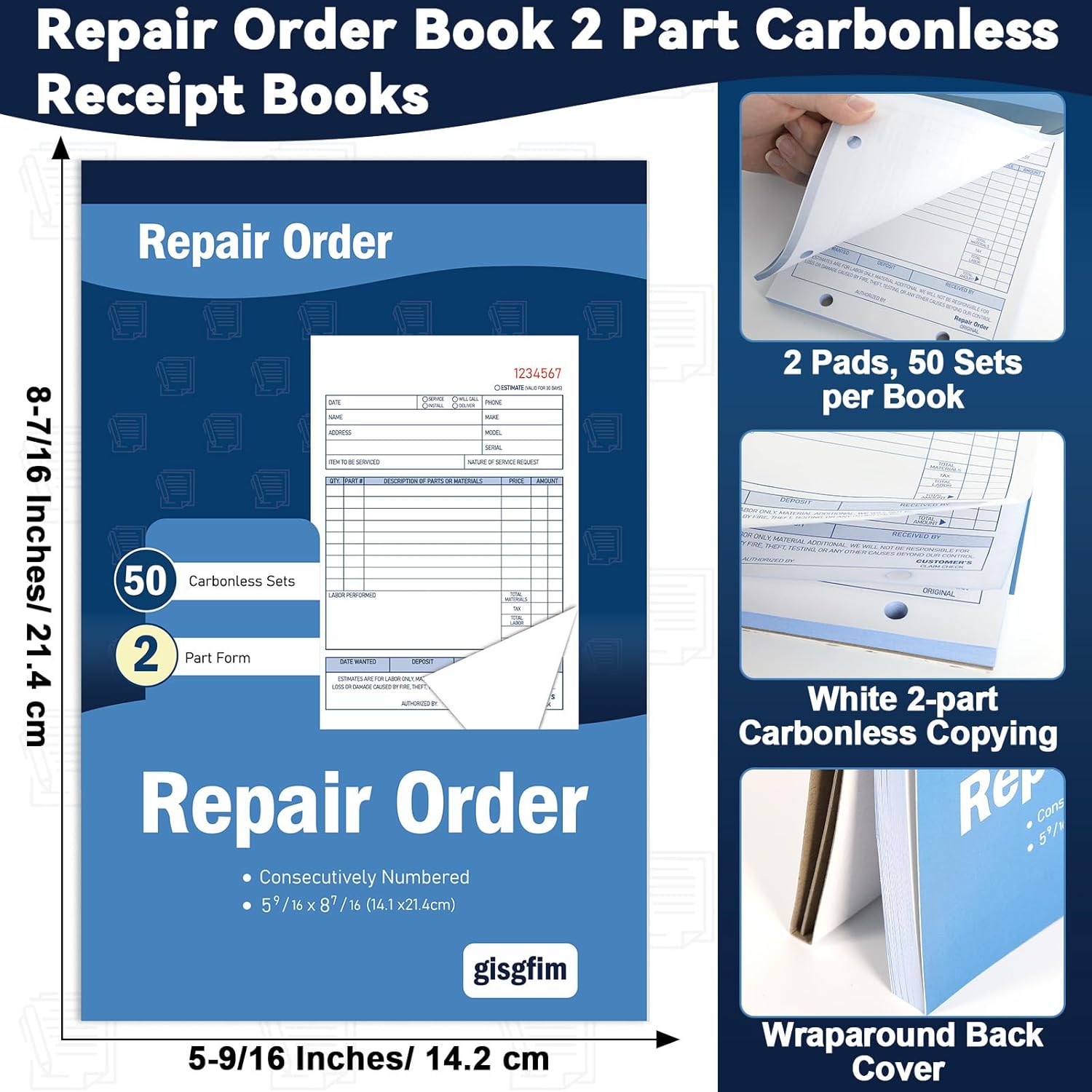 gisgfim 2 Pad Repair Order Book 2 Part Carbonless Receipt Books Consecutively Numbered with Claim Check Stub Invoice Receipt Book Work Order Form Receipt Book Order for Small Business 50 Set per Pads