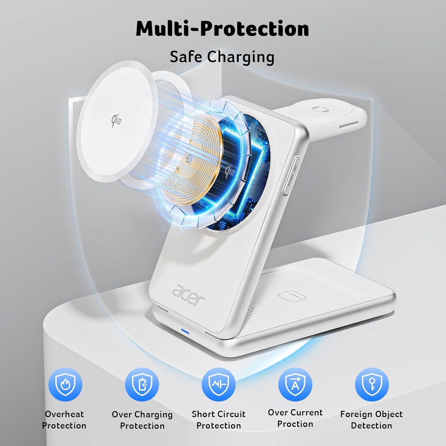 Acer Magnetic Wireless Charger, 3 in 1 Wireless Charging Station, 15W Fast MagSafe Charger for iPhone 16 15 14 13 12 Series -Apple Watch 10 9 8 7 6 5 4 3 2 SE and Ultra Series-Airpods 4 3 2 Pro Series