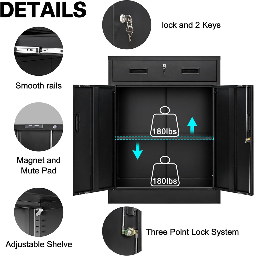 BESFUR Locking Storage Cabinet, Metal Cabinet with Oversized Drawer, Office Storage for Home, Garage, School - Black