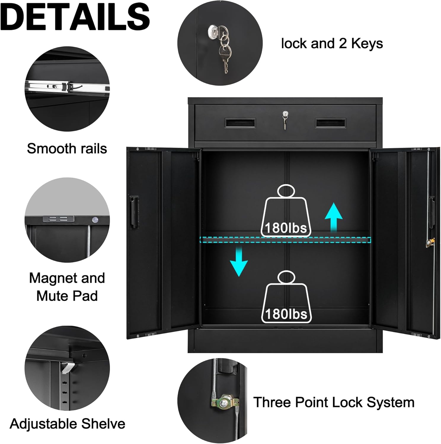 BESFUR Locking Storage Cabinet, Metal Cabinet with Oversized Drawer, Office Storage for Home, Garage, School - Black