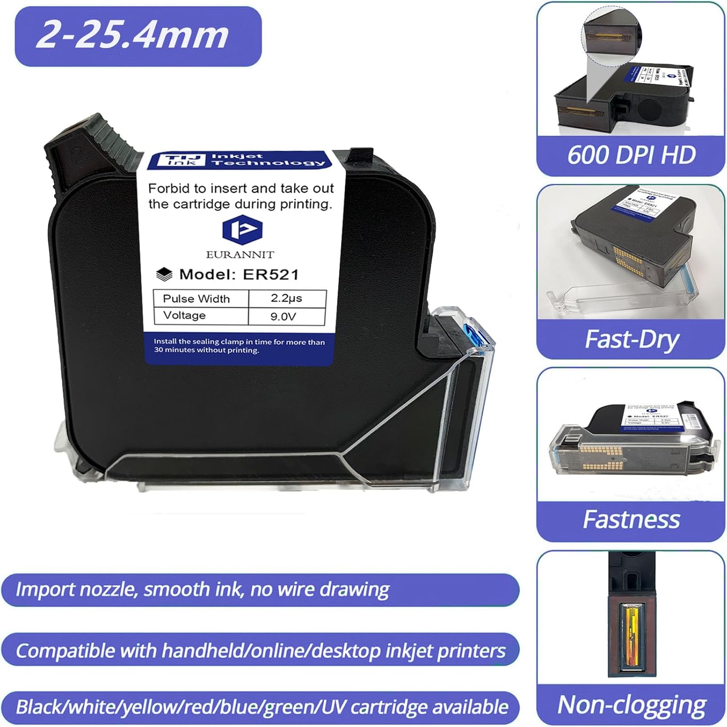 Original Black Ink Cartridge 1inch, 72ml Quick Dry Solvent Ink Replacement for 260E Automatic Inkjet Coding Machine
